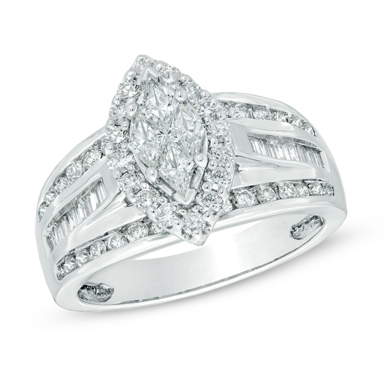 1.25 CT. T.W. Marquise Composite Diamond Frame Engagement Ring in 14K White Gold