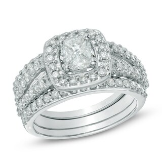 1.50 CT. T.W. Composite Diamond Frame Three Piece Bridal Set in 14K White Gold
