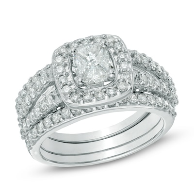 1.50 CT. T.W. Composite Diamond Frame Three Piece Bridal Set in 14K White Gold