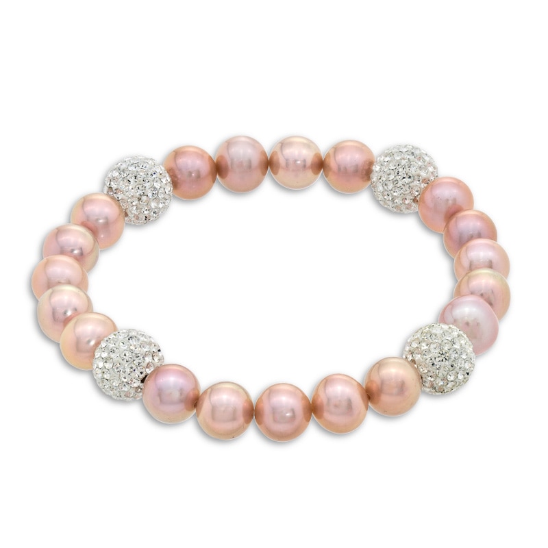 8.0 - 9.0mm Dyed Pink Cultured Freshwater Pearl and Crystal Bead Stretch Bracelet - 7.25"|Peoples Jewellers