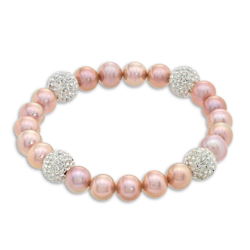 8.0 - 9.0mm Dyed Pink Cultured Freshwater Pearl and Crystal Bead Stretch Bracelet - 7.25"