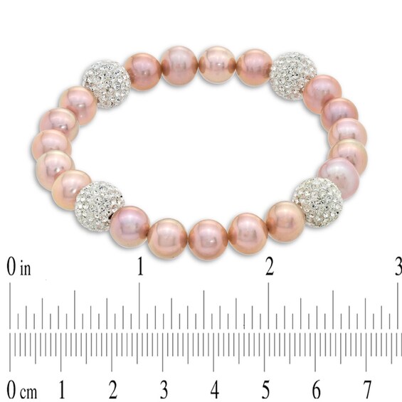 8.0-9.0mm Dyed Pink Freshwater Cultured Pearl and Crystal Bead Stretch Bracelet-7.25"
