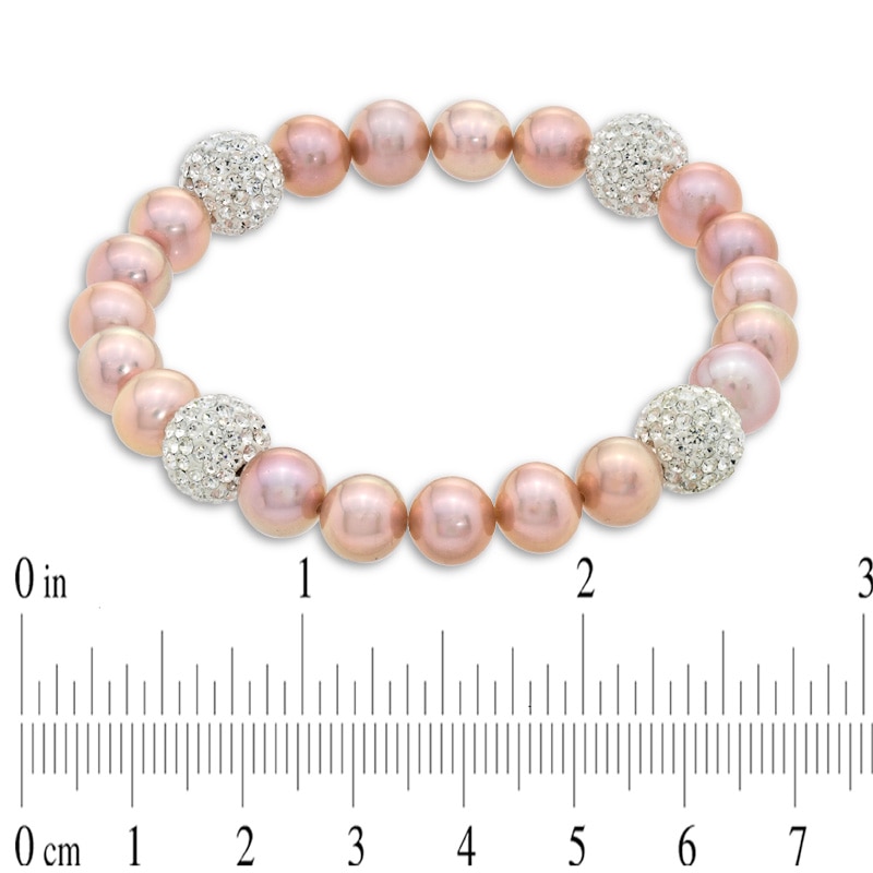 8.0-9.0mm Dyed Pink Freshwater Cultured Pearl and Crystal Bead Stretch Bracelet-7.25"