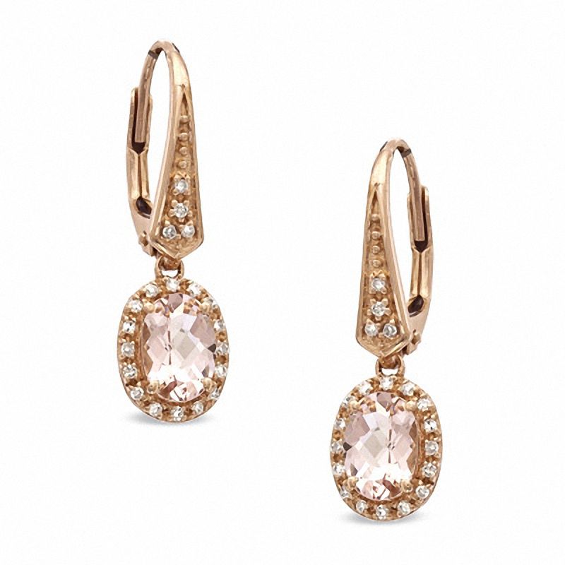 Main Image 1 of Oval Morganite and 0.12 CT. T.W. Diamond Drop Earrings in 10K Rose Gold