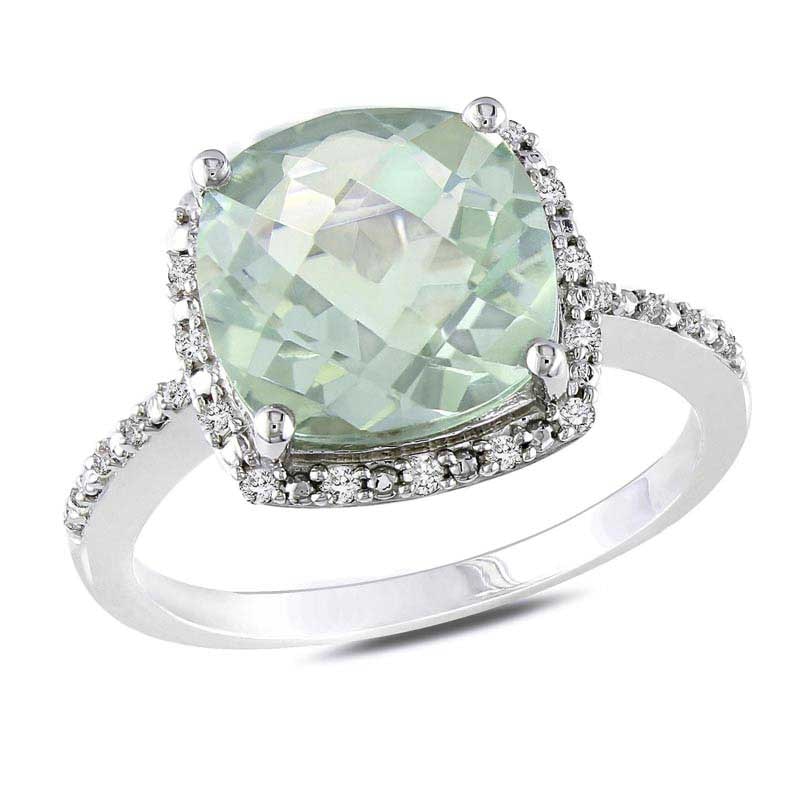 10.0mm Cushion-Cut Green Quartz and 0.10 CT. T.W. Diamond Ring in Sterling Silver