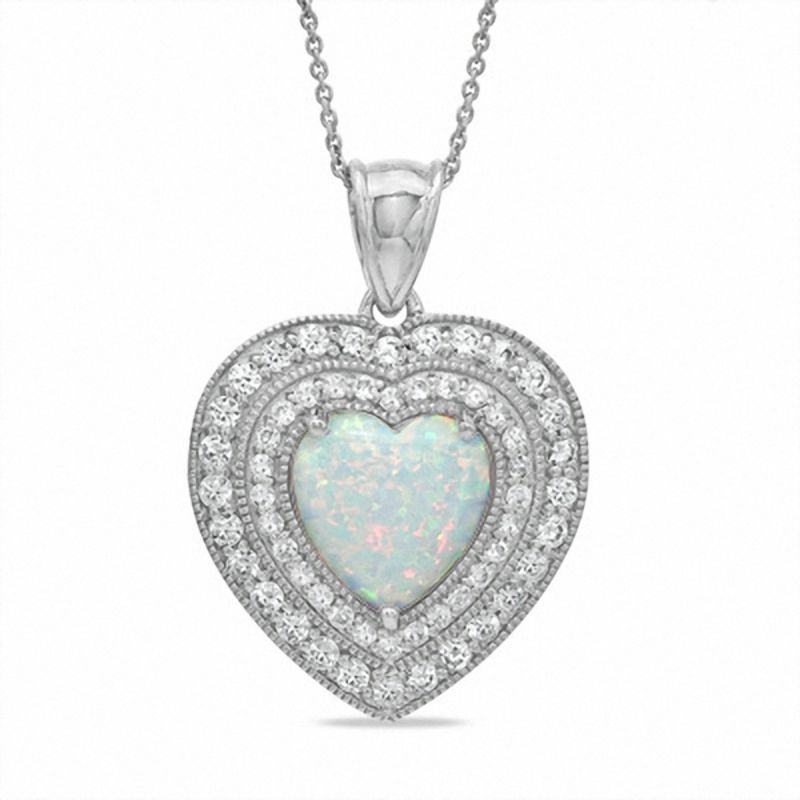 12.0mm Heart-Shaped Lab-Created Opal and White Sapphire Heart Pendant in Sterling Silver