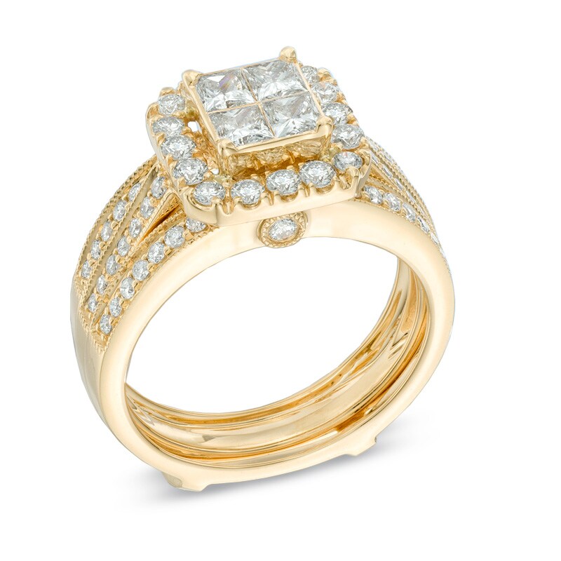 1.50 CT. T.W. Quad Princess-Cut Frame Diamond Bridal Set in 14K Gold