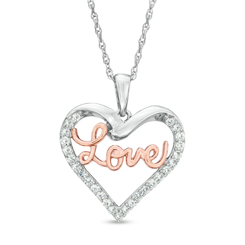 Lab-Created White Sapphire "Love" Heart Pendant in Sterling Silver and 14K Rose Gold Plate|Peoples Jewellers