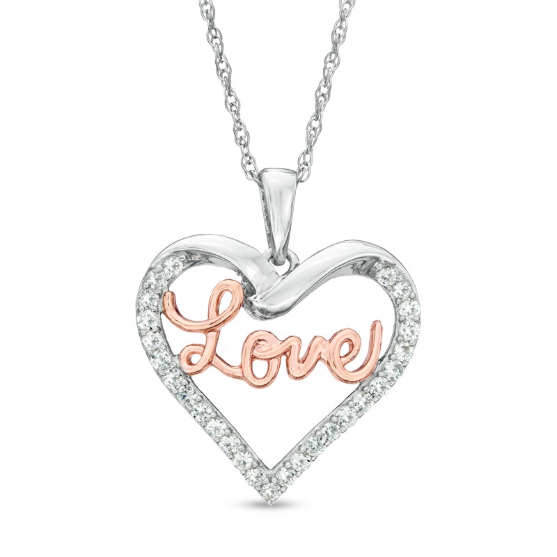 Lab-Created White Sapphire "Love" Heart Pendant in Sterling Silver and 14K Rose Gold Plate