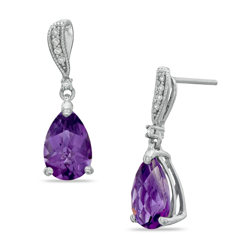 Pear-Shaped Amethyst and Diamond Accent Drop Earrings in Sterling Silver