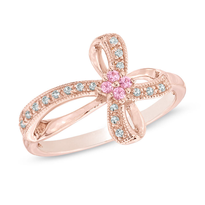 Main Image 1 of Lab-Created Pink and White Sapphire Cross Ring in Sterling Silver with 14K Rose Gold Plate