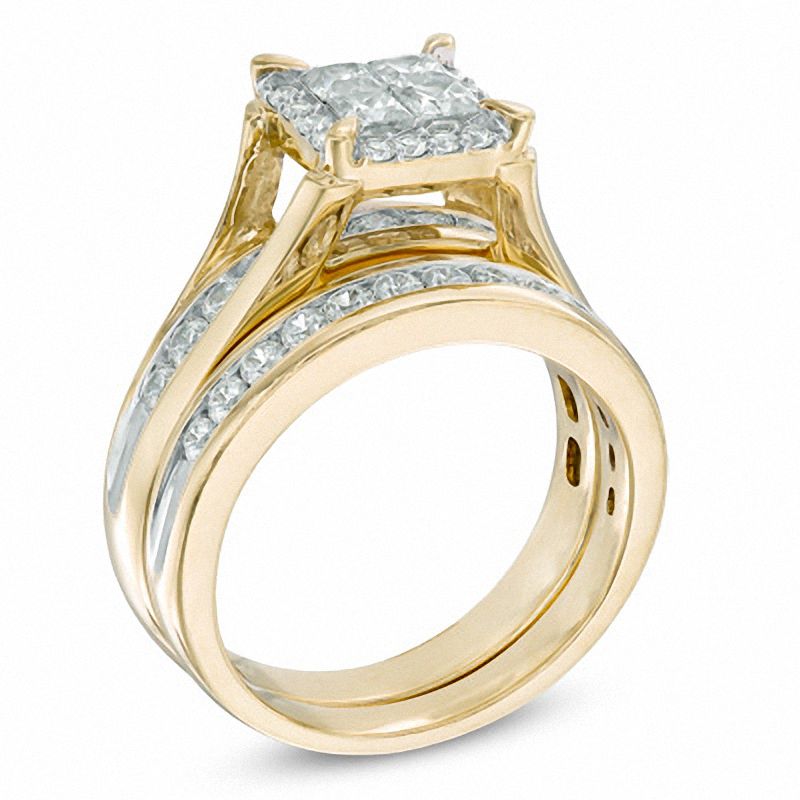 1.50 CT. T.W. Quad Princess Cut Diamond Frame Bridal Set in 14K Gold