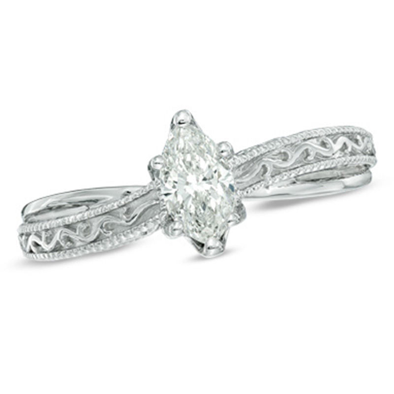 Vera Wang Love Collection 0.45 CT. Marquise Diamond Solitaire Scroll Engagement Ring in 14K White Gold