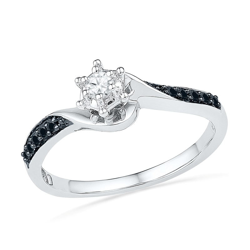 0.16 CT. T.W. Enhanced Black and White Diamond Swirl Promise Ring in 10K White Gold