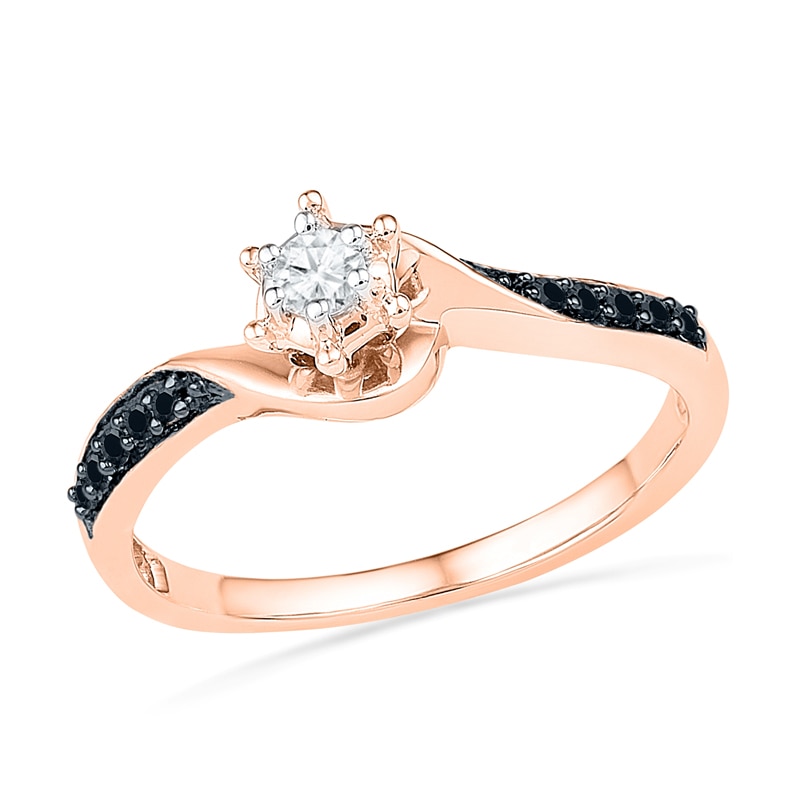 0.16 CT. T.W. Enhanced Black and White Diamond Swirl Promise Ring in 10K Rose Gold