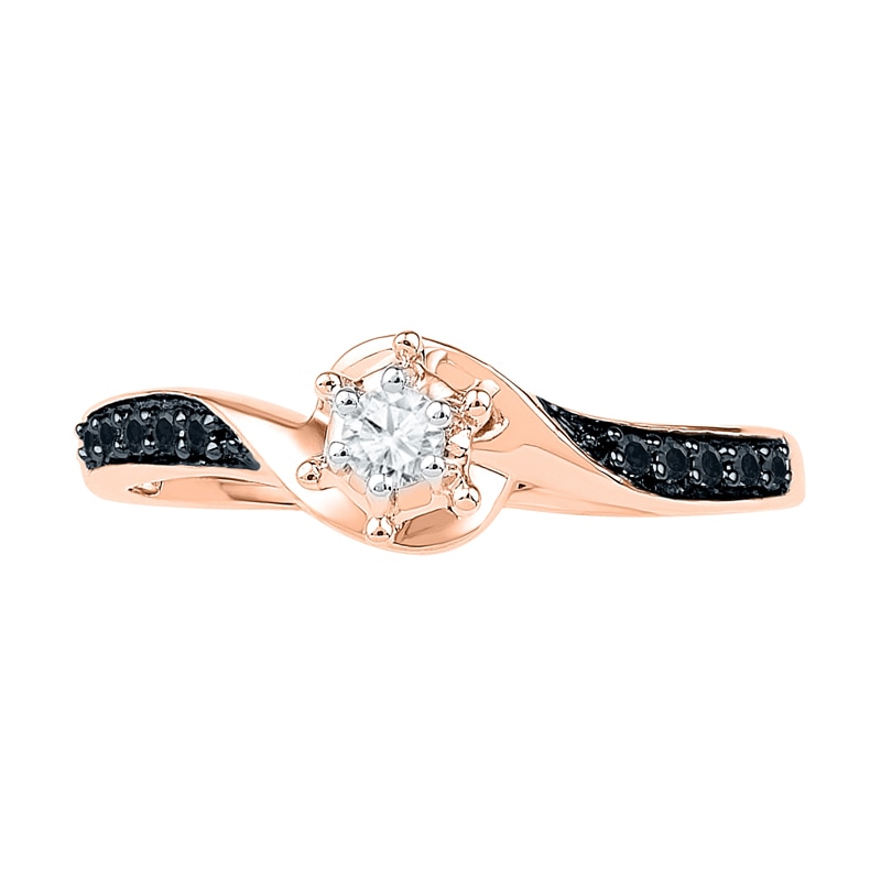 0.16 CT. T.W. Enhanced Black and White Diamond Swirl Promise Ring in 10K Rose Gold