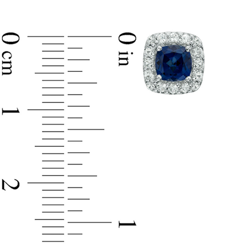 5.0mm Cushion-Cut Lab-Created Blue and White Sapphire Frame Stud Earrings in Sterling Silver