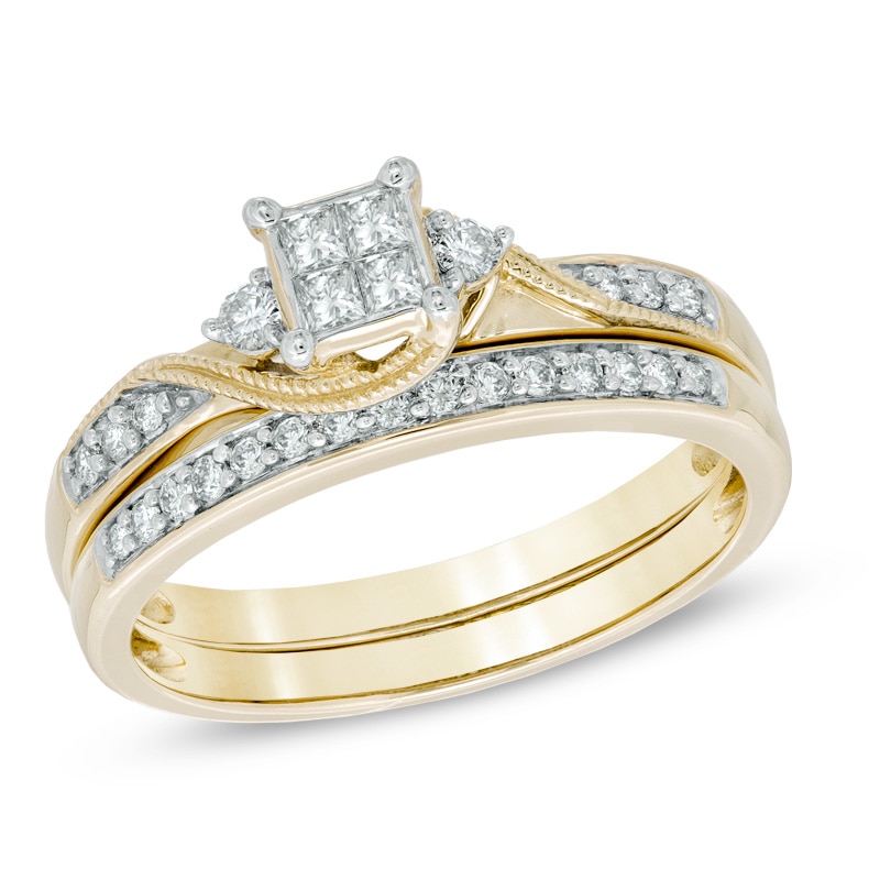 0.33 CT. T.W. Princess-Cut Quad Diamond Bridal Set in 10K Gold