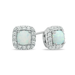 Opal October Birthstone Birthstones Collections Peoples Jewellers 5 0mm Cushion Cut Lab Created Opal And White Shire Frame Stud Earrings In