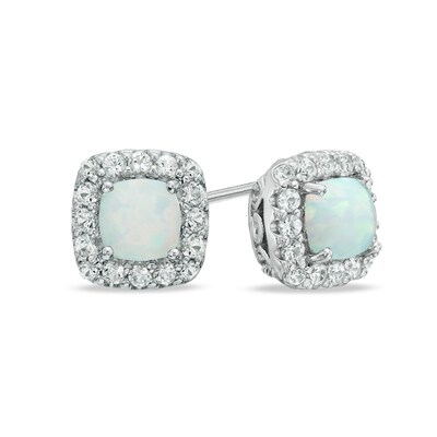 5.0mm Cushion-Cut Lab-Created Opal and White Sapphire Frame Stud Earrings in Sterling Silver