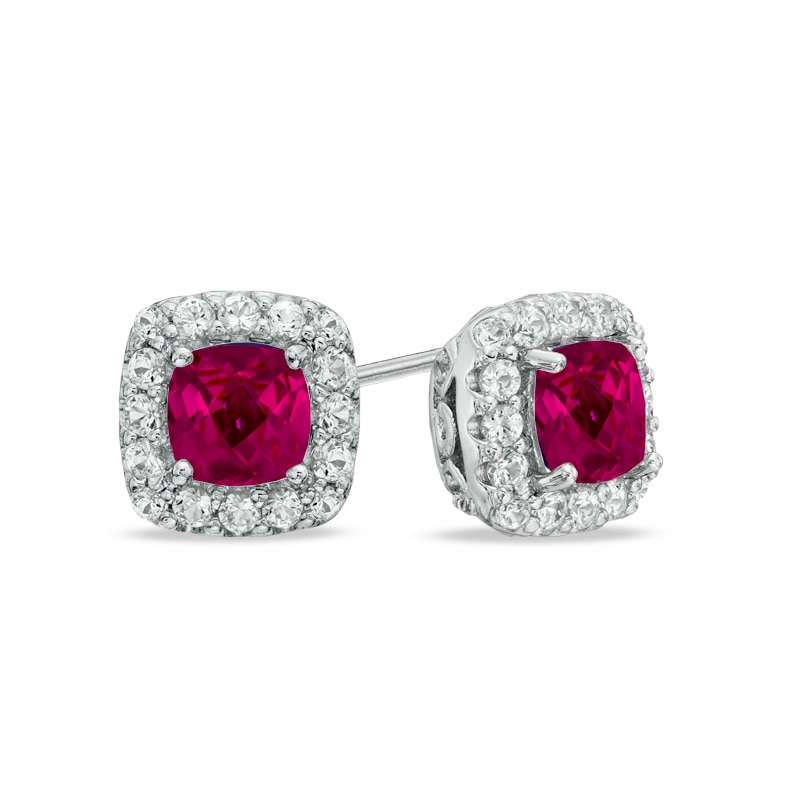 5.0mm Cushion-Cut Lab-Created Ruby and White Sapphire Frame Stud Earrings in Sterling Silver|Peoples Jewellers