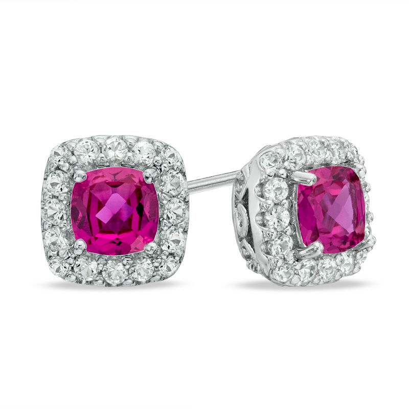 5.0mm Cushion-Cut Lab-Created Pink and White Sapphire Frame Stud Earrings in Sterling Silver