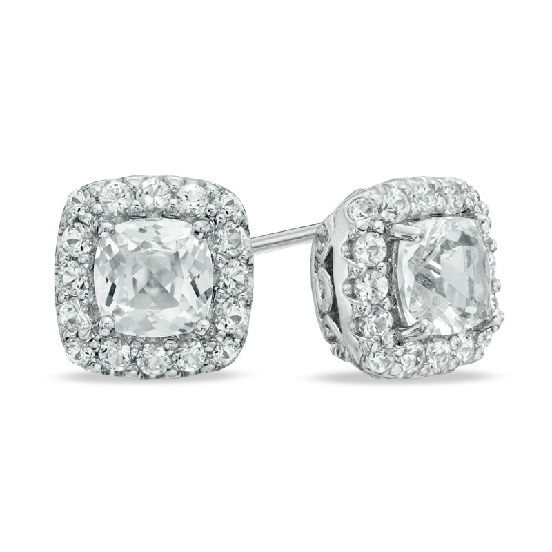 5.0mm Cushion-Cut Lab-Created White Sapphire Frame Stud Earrings in Sterling Silver