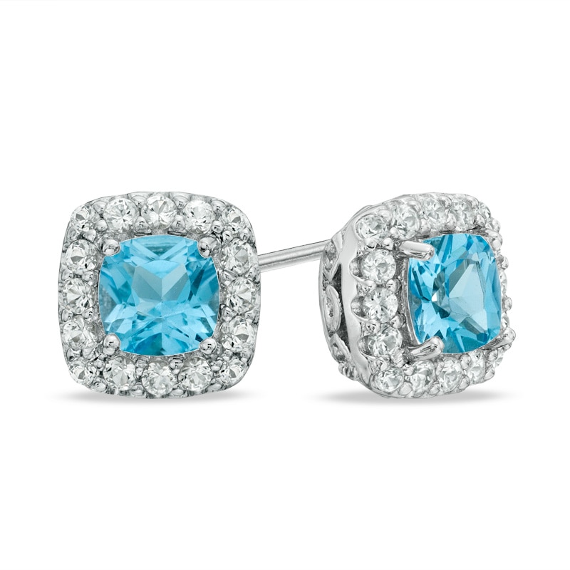 5.0mm Cushion-Cut Swiss Blue Topaz and Lab-Created White Sapphire Frame Stud Earrings in Sterling Silver