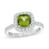 Thumbnail Image 0 of 7.0mm Cushion-Cut Peridot and Lab-Created White Sapphire Frame Ring in Sterling Silver