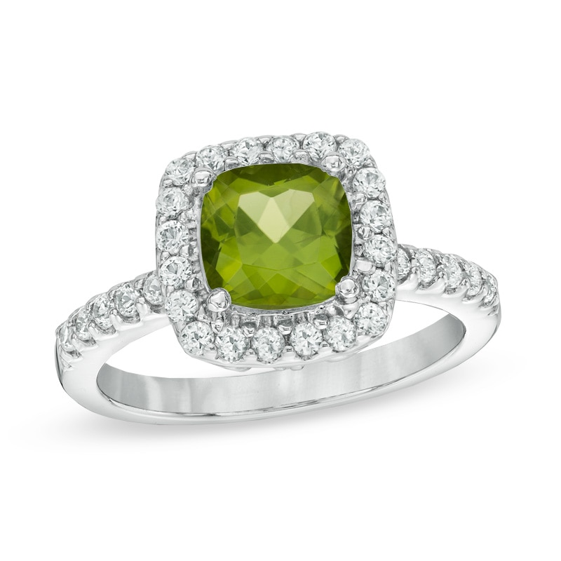 7.0mm Cushion-Cut Peridot and Lab-Created White Sapphire Frame Ring in Sterling Silver