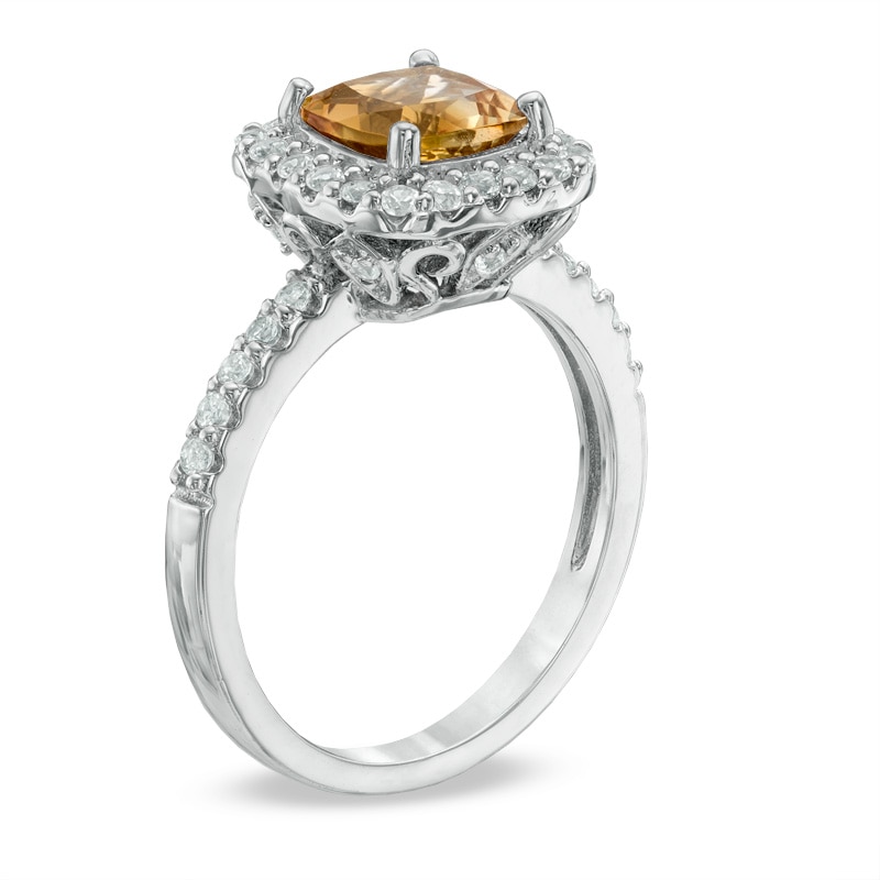 7.0mm Cushion-Cut Citrine and Lab-Created White Sapphire Frame Ring in Sterling Silver