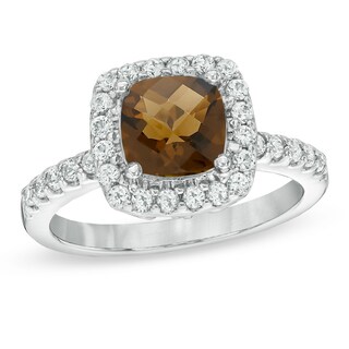 7.0mm Cushion-Cut Smoky Quartz and Lab-Created White Sapphire Frame Ring in Sterling Silver