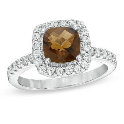7.0mm Cushion-Cut Smoky Quartz and Lab-Created White Sapphire Frame Ring in Sterling Silver