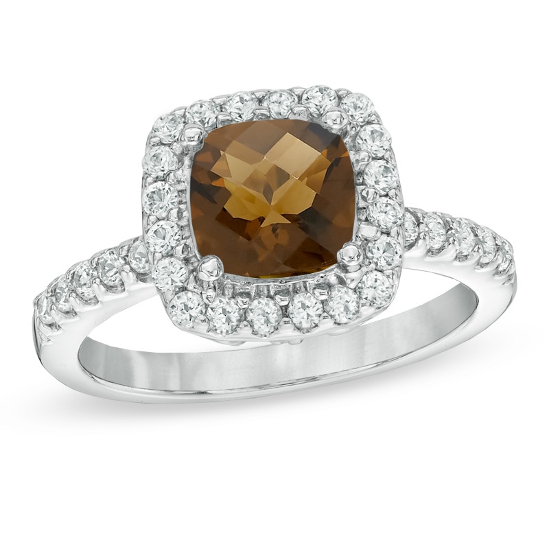 7.0mm Cushion-Cut Smoky Quartz and Lab-Created White Sapphire Frame Ring in Sterling Silver