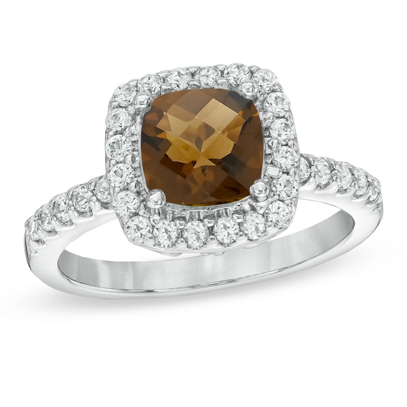 7.0mm Cushion-Cut Smoky Quartz and Lab-Created White Sapphire Frame Ring in Sterling Silver