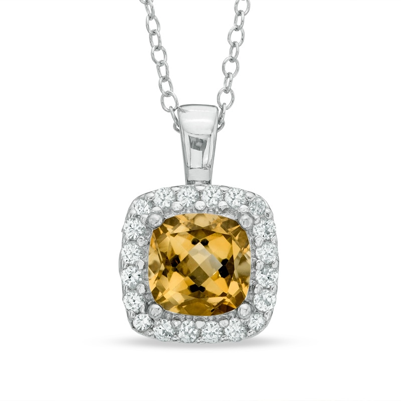 7.0mm Cushion-Cut Citrine and Lab-Created White Sapphire Frame Pendant in Sterling Silver