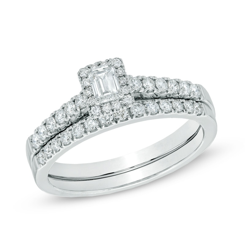 0.60 CT. T.W. Certified Emerald-Cut Diamond Frame Bridal Set in 14K White Gold (I/SI2)