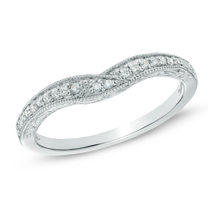 0.12 CT. T.W. Diamond Vintage-Style Contour Wedding Band in 14K White Gold