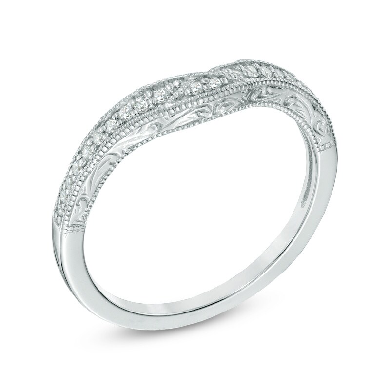 Main Image 2 of 0.12 CT. T.W. Diamond Vintage-Style Contour Wedding Band in 14K White Gold