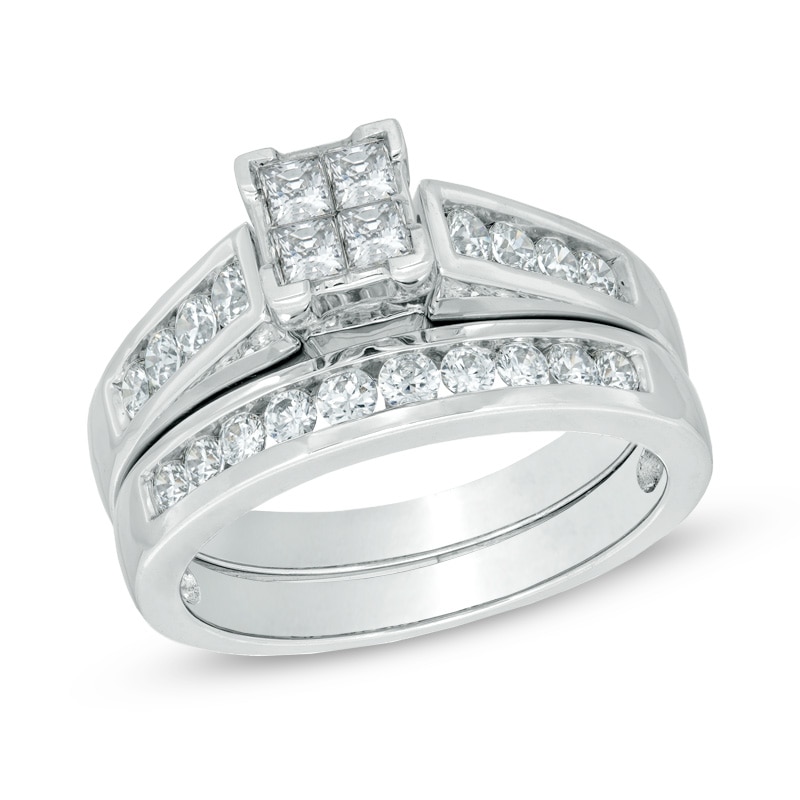 1.00 CT. T.W. Certified Princess-CutQuad Diamond Bridal Set in 14K White Gold (I/SI2)