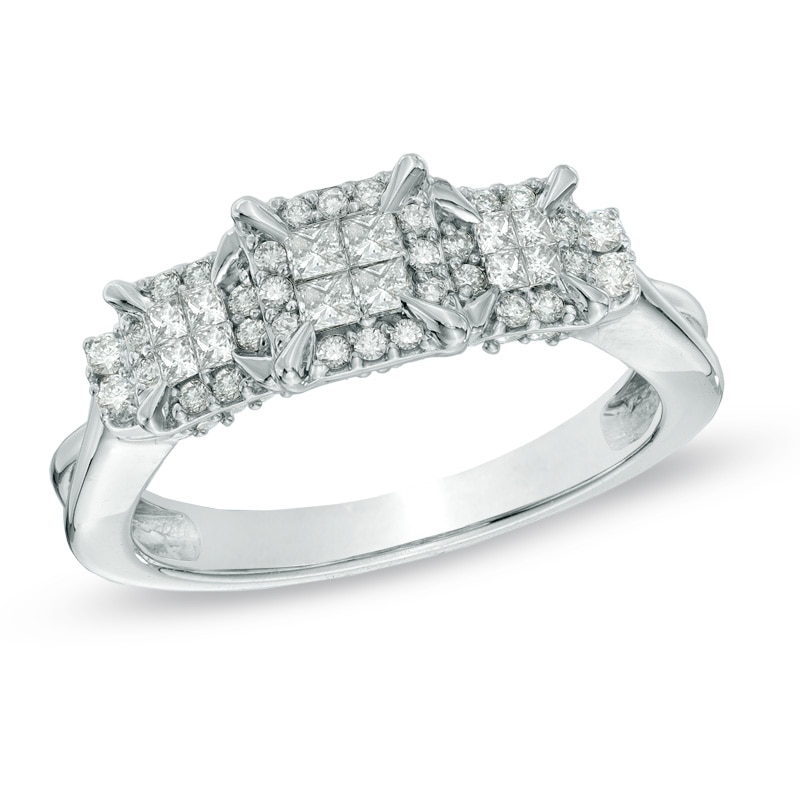 0.50 CT. T.W. Princess-Cut Quad Diamond Frame Three Stone Engagement Ring in 10K White Gold