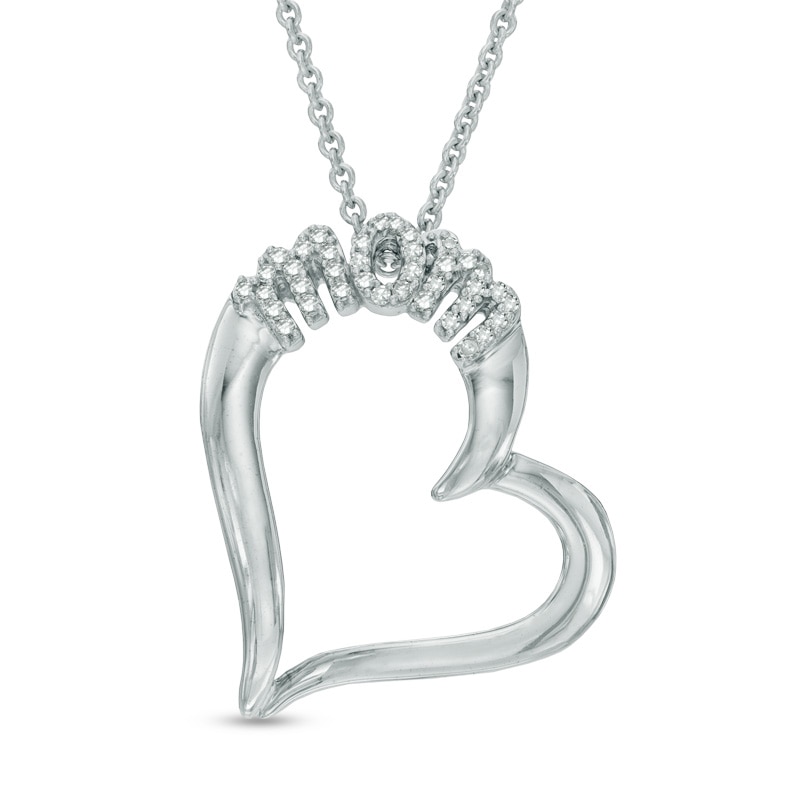 0.10 CT. T.W. Diamond Tilted "MOM" Heart Pendant in Sterling Silver