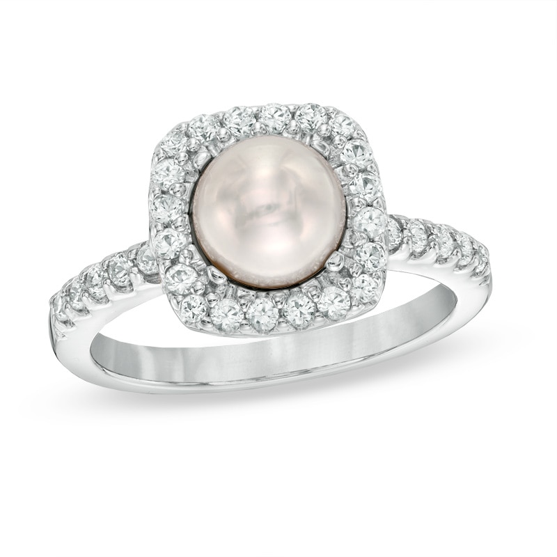 6.5 - 7.0mm Cultured Freshwater Pearl and Lab-Created White Sapphire Frame Ring in Sterling Silver|Peoples Jewellers