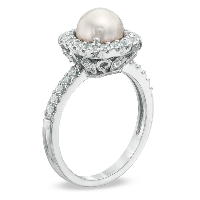 6.5 - 7.0mm Cultured Freshwater Pearl and Lab-Created White Sapphire Frame Ring in Sterling Silver