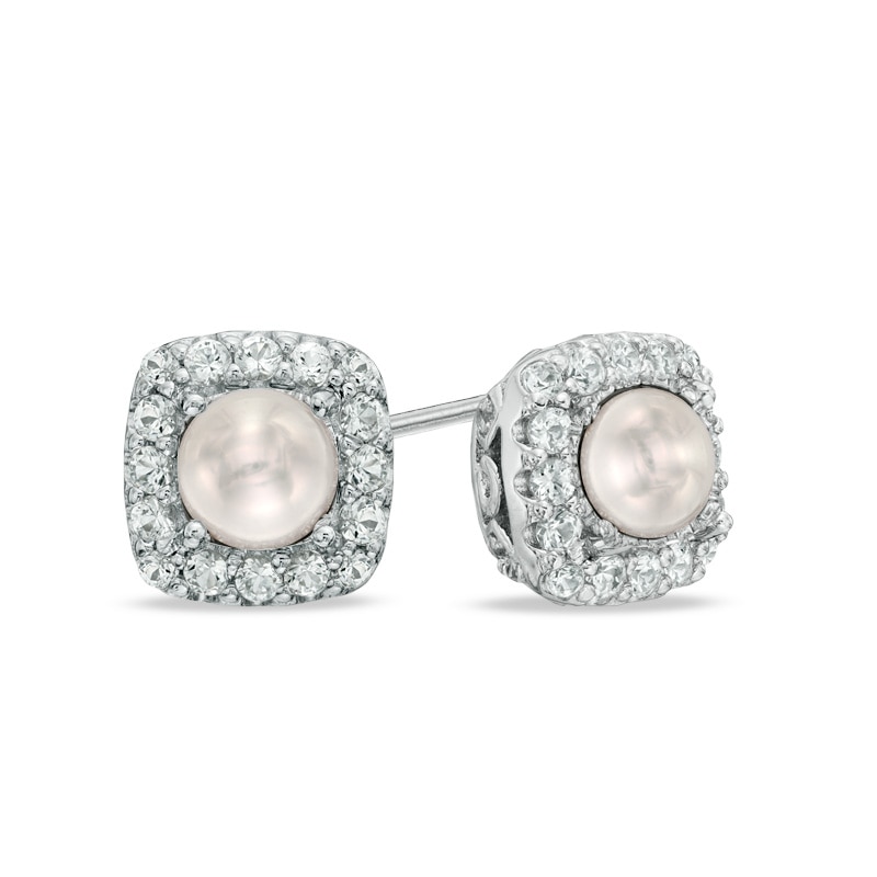 4.5 - 5.0mm Cultured Freshwater Pearl and Lab-Created White Sapphire Frame Stud Earrings in Sterling Silver
