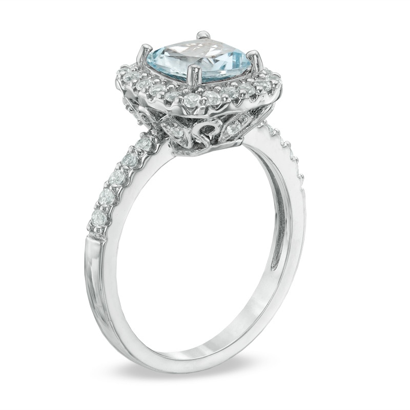 Main Image 2 of 7.0mm Cushion-Cut Lab-Created Blue Spinel and White Sapphire Frame Ring in Sterling Silver