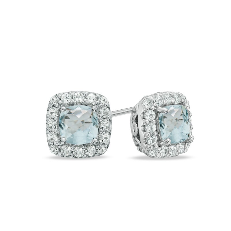Main Image 1 of 5.0mm Cushion-Cut Lab-Created Blue Spinel and White Sapphire Frame Stud Earrings in Sterling Silver