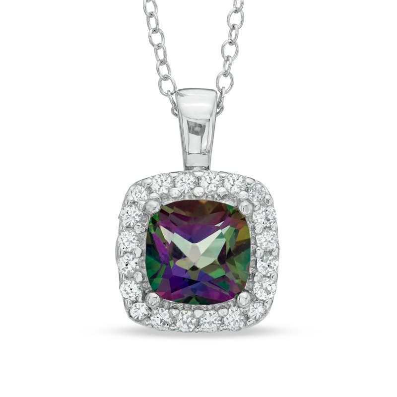 7.0mm Mystic Fire® Topaz and Lab-Created White Sapphire Frame Pendant in Sterling Silver