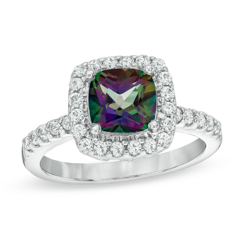 7.0mm Mystic Fire® Topaz and Lab-Created White Sapphire Frame Ring in Sterling Silver