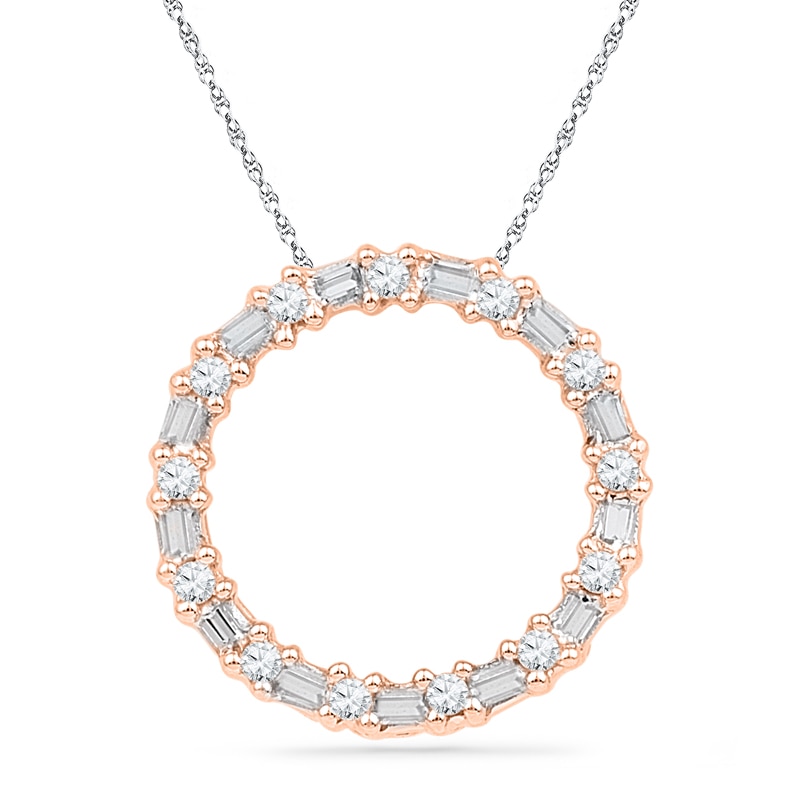 0.20 CT. T.W. Baguette and Round Diamond Circle Pendant in 10K Rose Gold